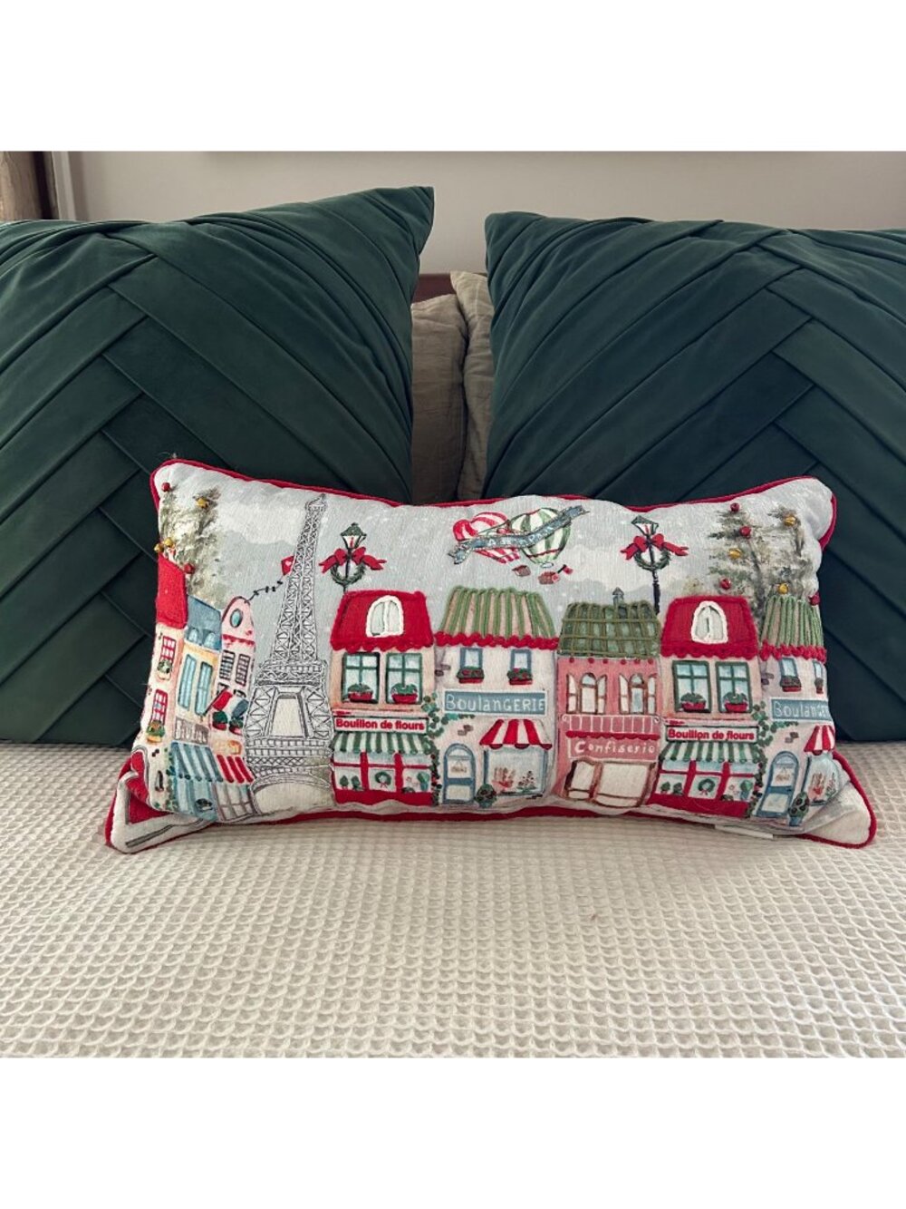Christmas Holiday Throw Pillow France Scenery with Bells & Beading